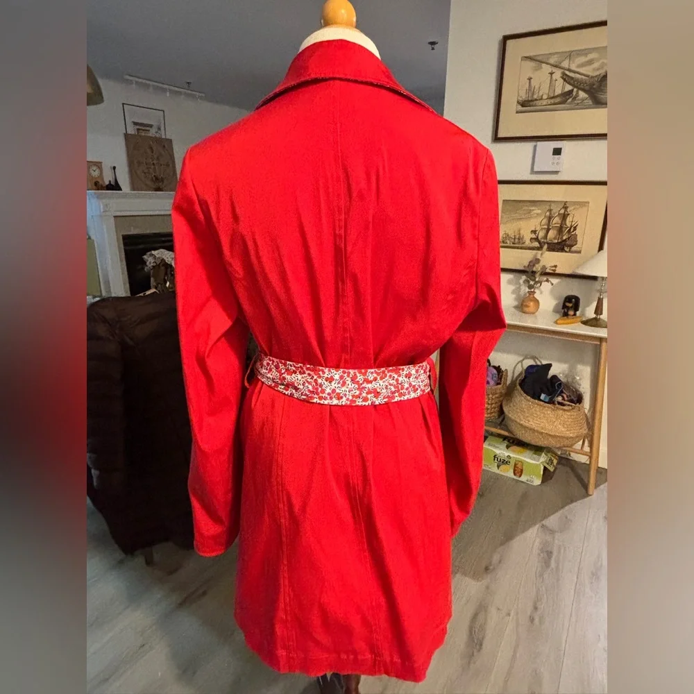 liberty Art Fabric Red Trench Coat with Floral Trim. Size M - Picture 3 of 10